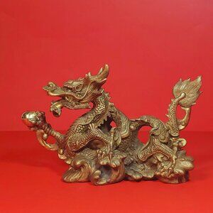 Vintage Bronze Golden Dragon w/ Sacred Pearl – 1.54kg Hollow Cast Figure